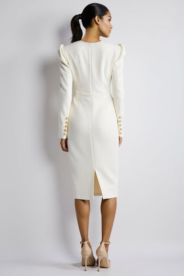 Long Sleeve Bodycon Midi White Work Dress With Slit
